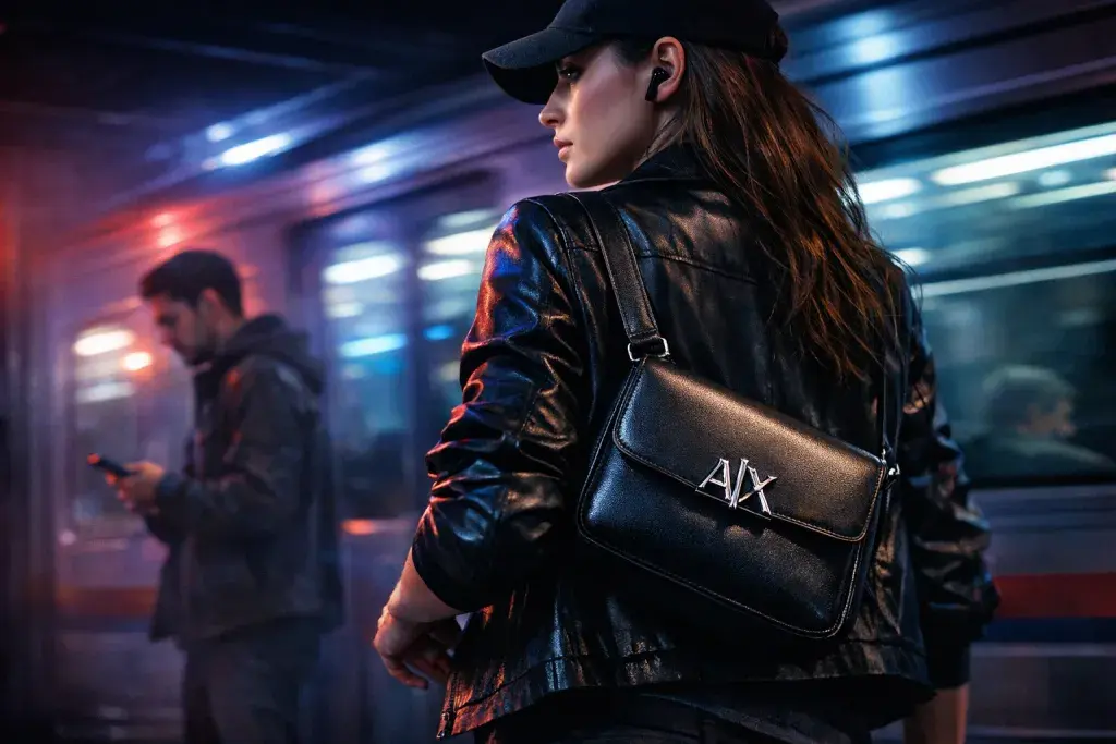 Armani Exchange Shoulder Bag with a metal monogram logo and front flap, designed for hands-free everyday wear.